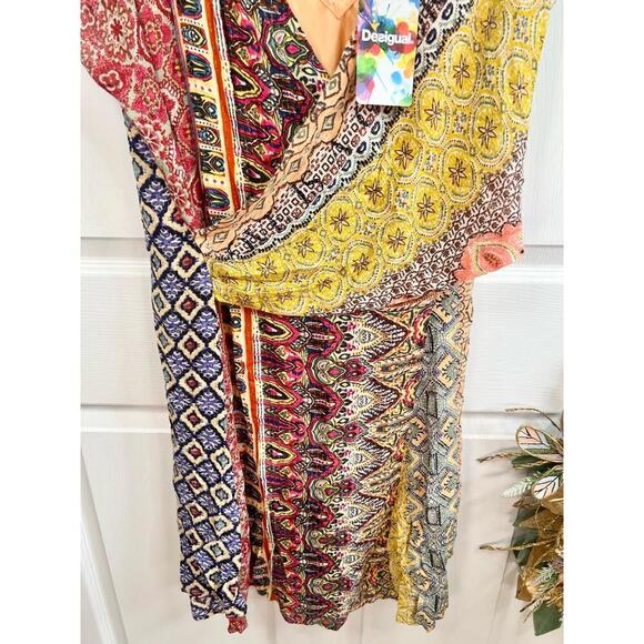 Desigual Dress Size EU 46 Multi-Color Patchwork Bohemian V-Neck Vibrant Eclectic - Picture 6 of 15